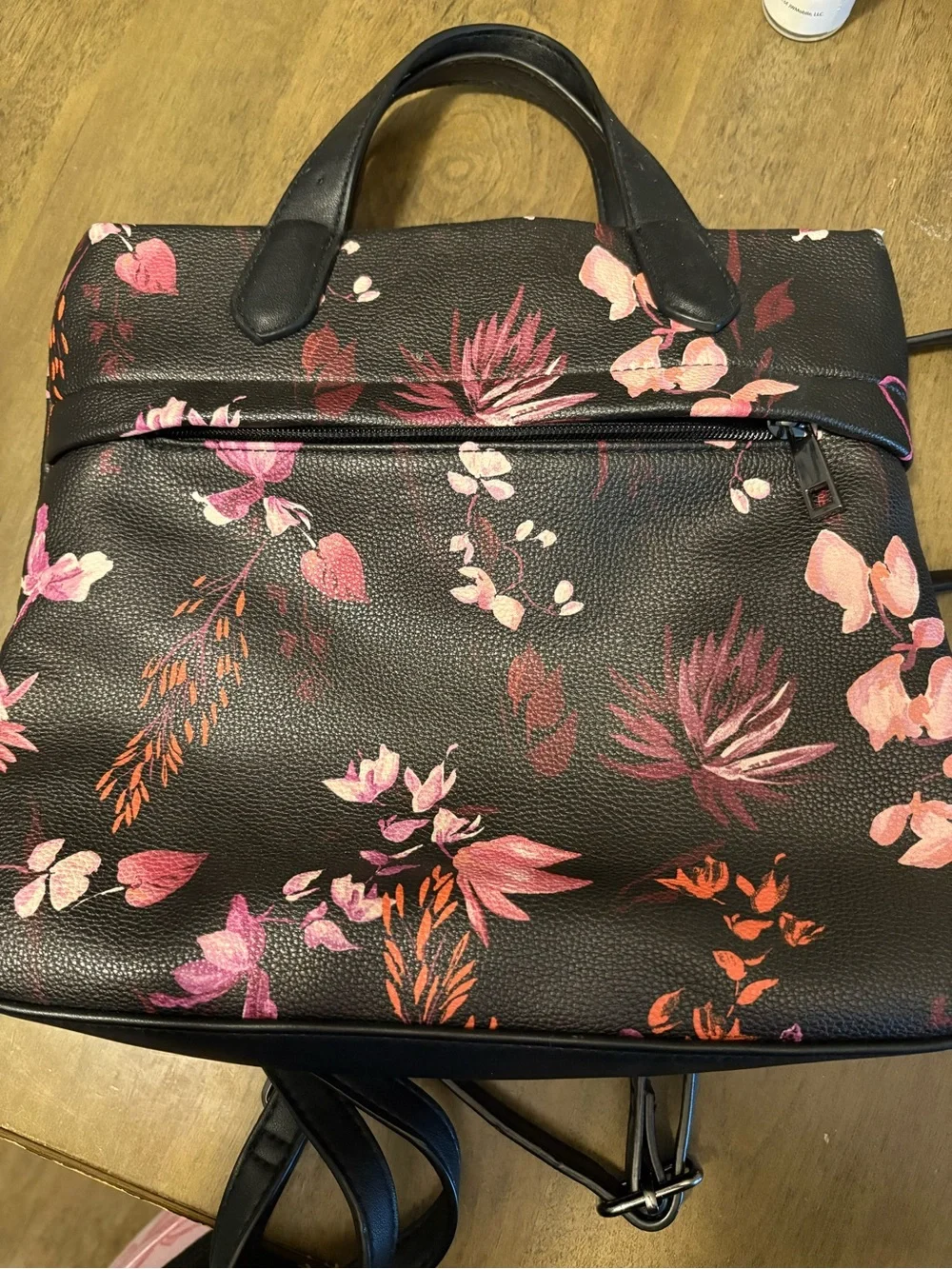 Floral Print Black Tote Bag with Pink Accents